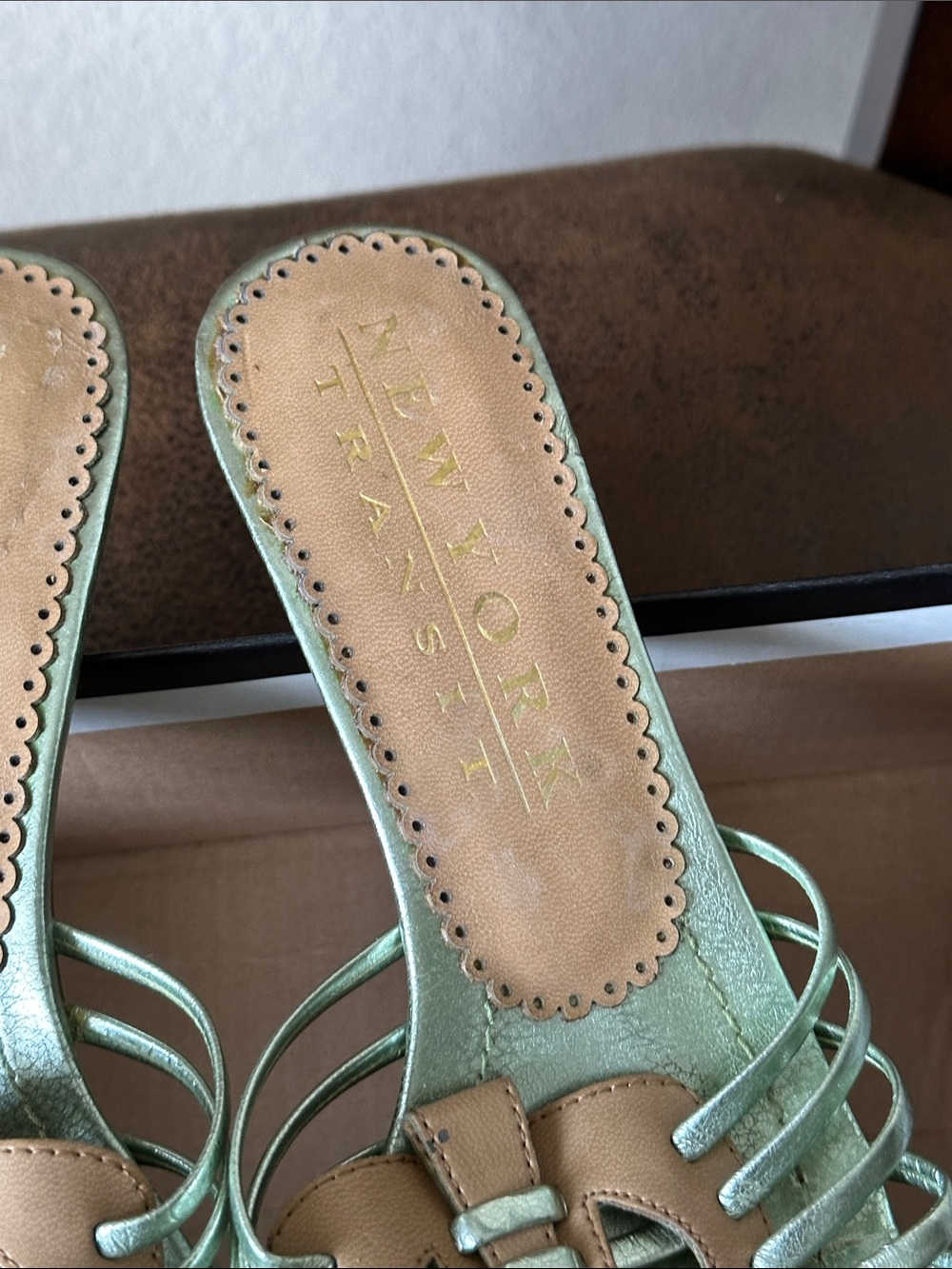 New York Transit Metallic Mint and Tan Slide Mules - Picture 4 of 12